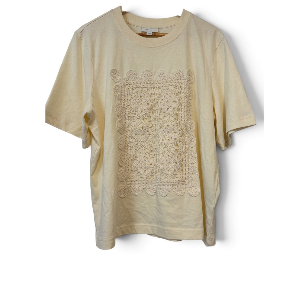 On 34th Womens XL Cream Crochet Lace Front Cotton Short Sleeve T-Shirt Top